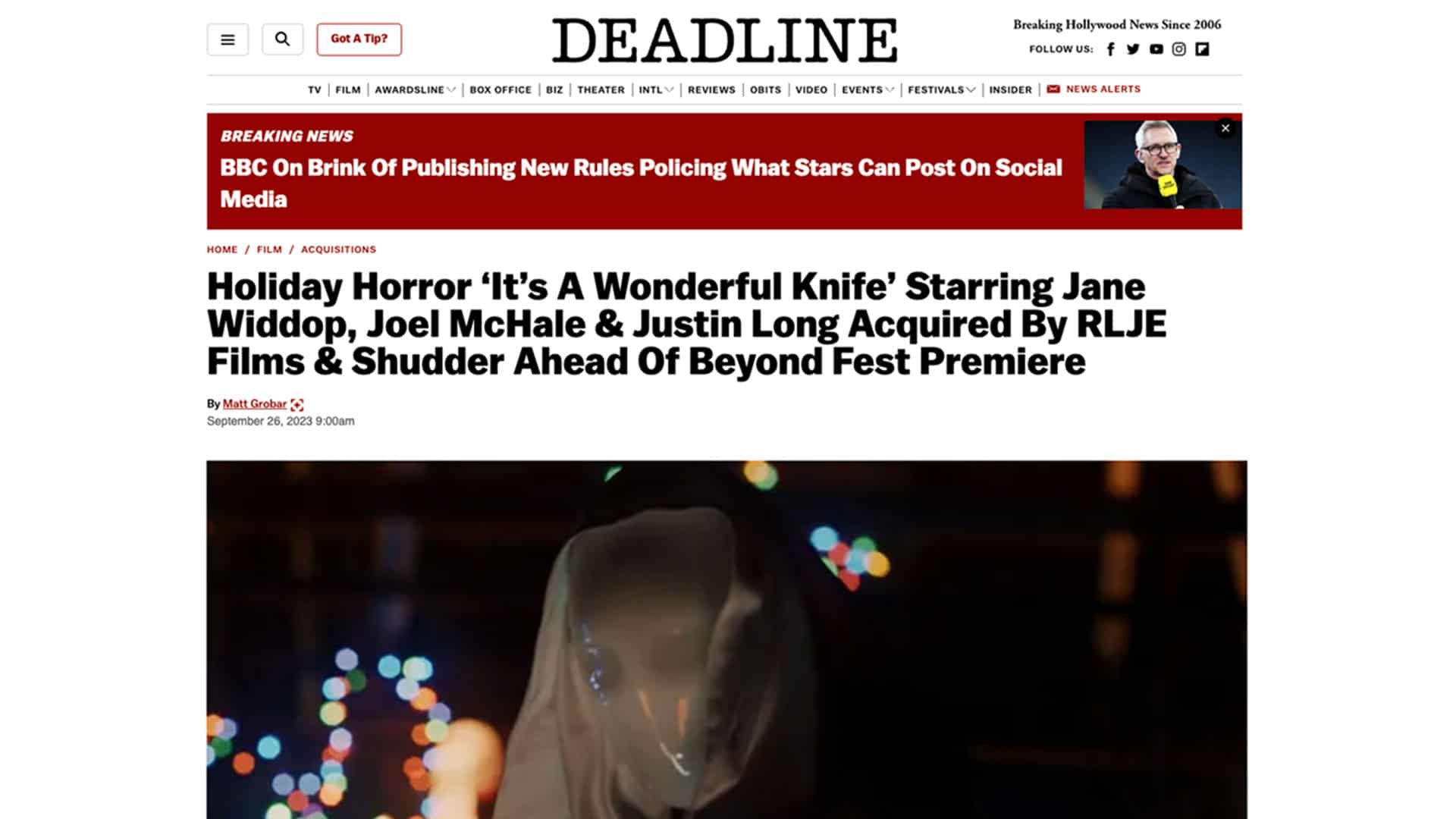 Read more about the article Holiday Horror ‘It’s A Wonderful Knife’ Starring Jane Widdop, Joel McHale & Justin Long Acquired By RLJE Films & Shudder Ahead Of Beyond Fest Premiere