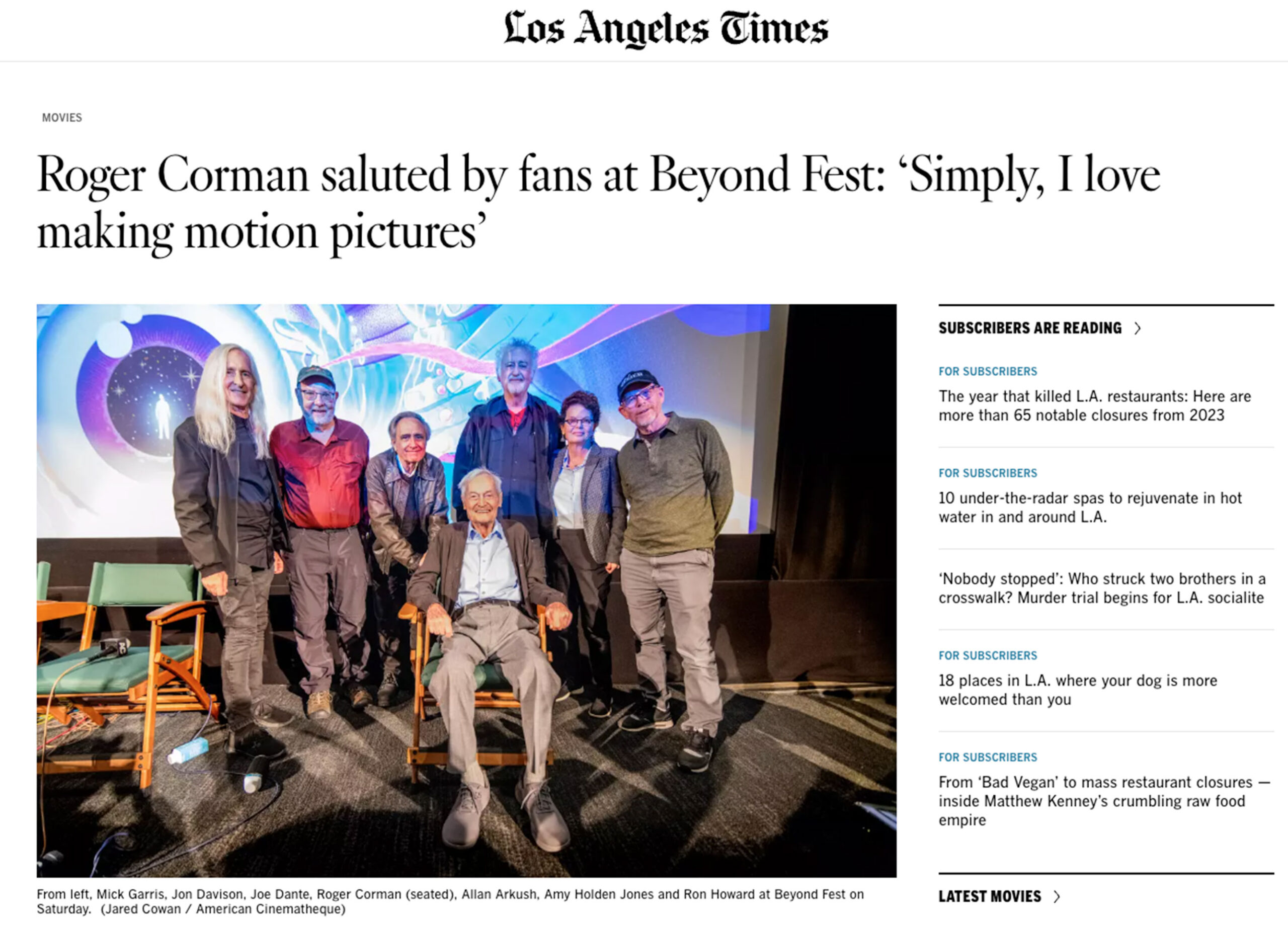 Read more about the article Roger Corman saluted by fans at Beyond Fest: ‘Simply, I love making motion pictures’